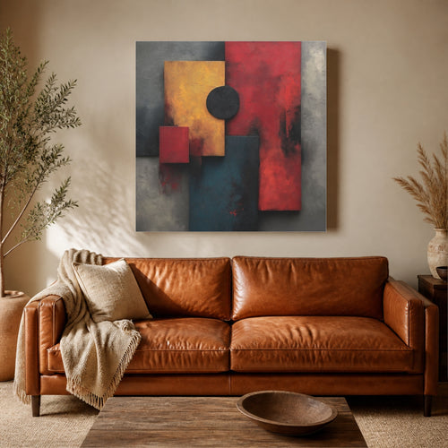 Abstract Geometric canvas above a cognac leather sofa beside an olive tree