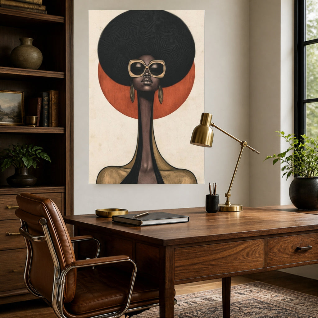 Sun Queen canvas above a wooden desk with a brass lamp in a home office