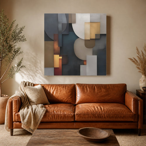 Abstract Geometric II canvas above a cognac leather sofa beside an olive tree