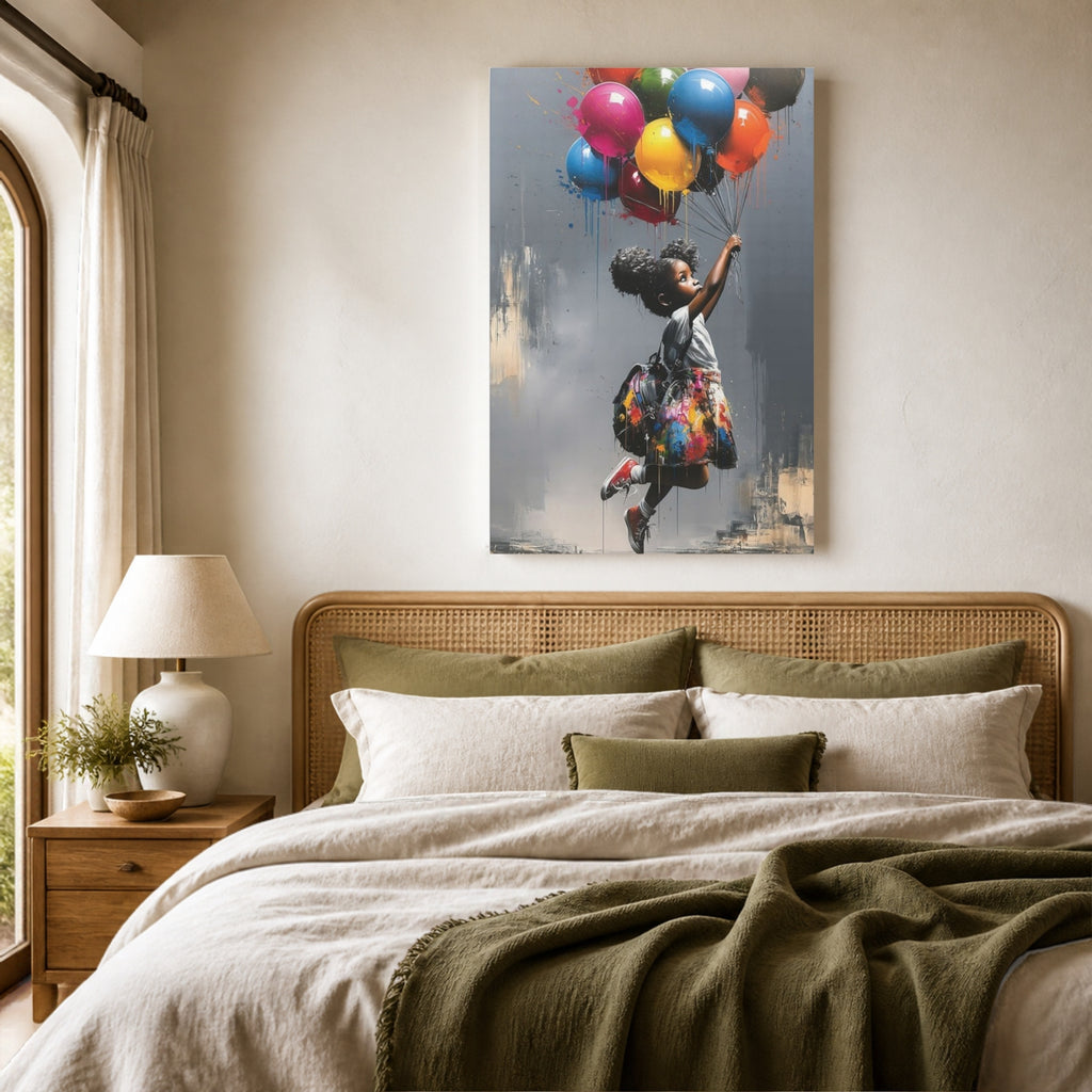 Up, Up & Away canvas above a rattan headboard in a calm neutral bedroom