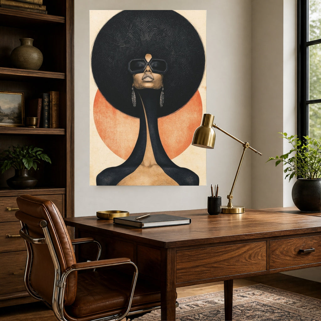 Afro Futura canvas above a wooden desk with a brass lamp in a home office