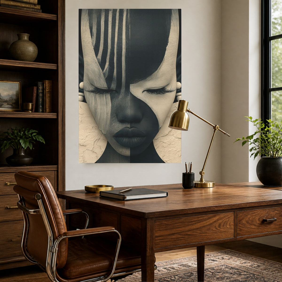 Two-Tone Queen canvas above a wooden desk with a brass lamp in a home office