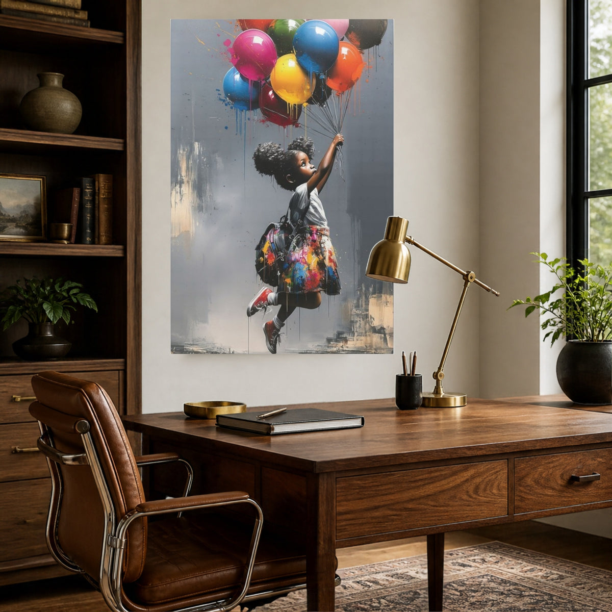 Up, Up & Away canvas above a wooden desk with a brass lamp in a home office