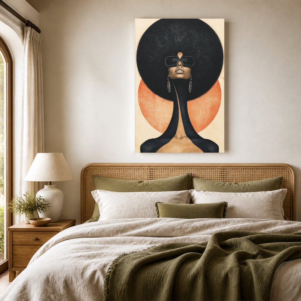 Afro Futura canvas above a rattan headboard in a calm neutral bedroom