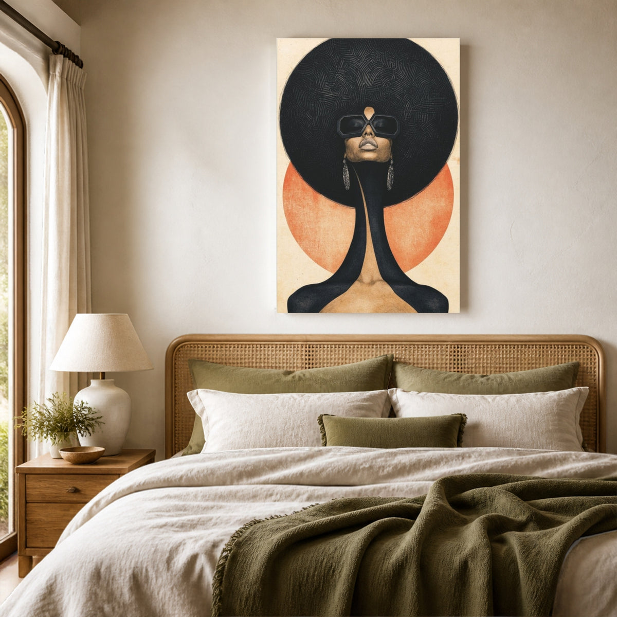Afro Futura canvas above a rattan headboard in a calm neutral bedroom