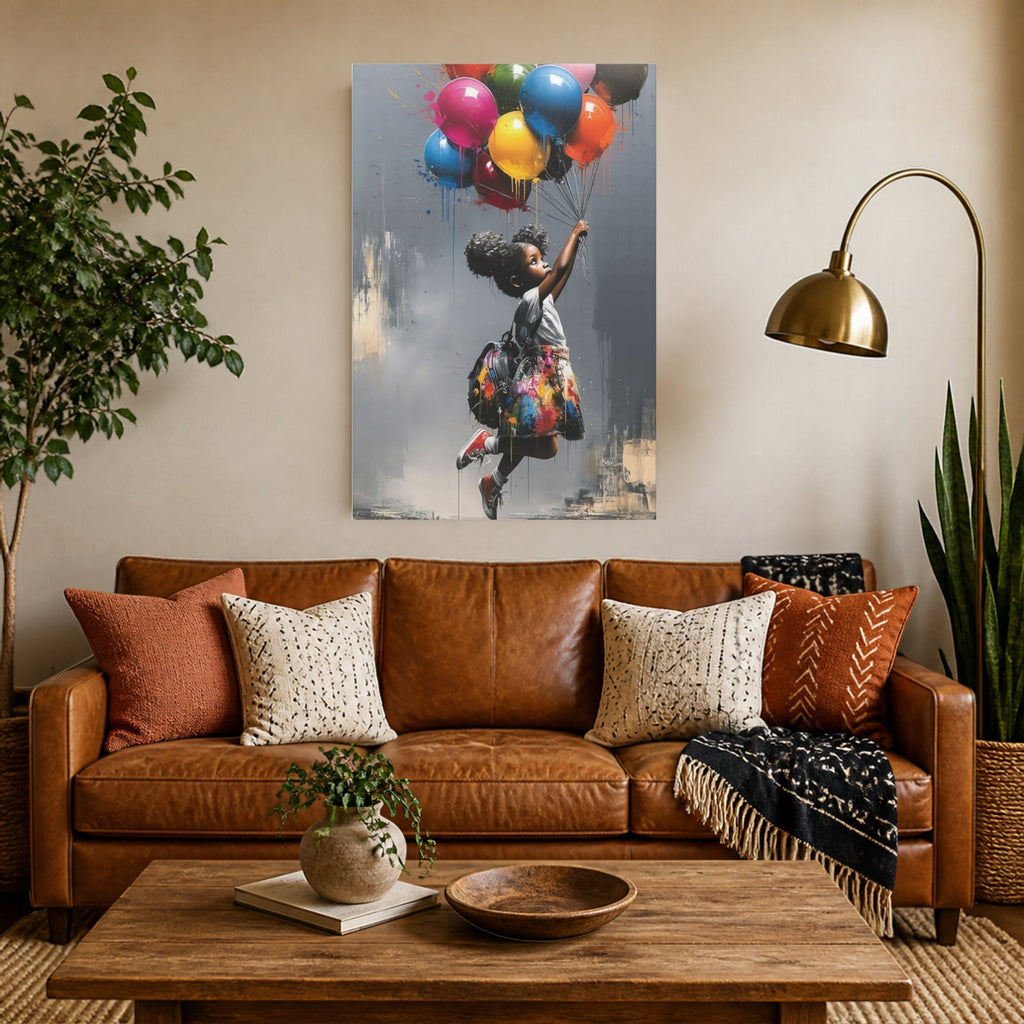 Up, Up & Away canvas above a cognac leather sofa in a warm living room