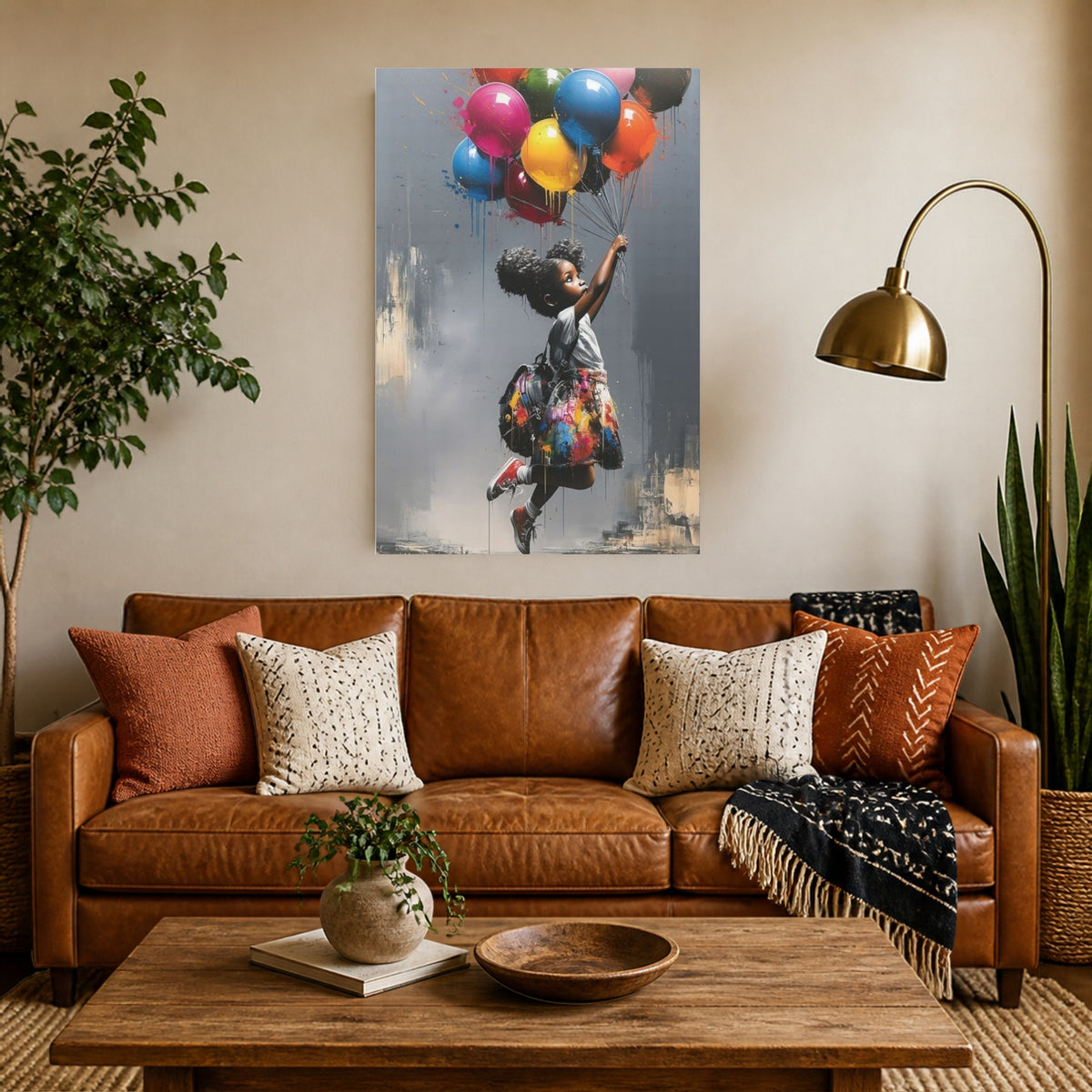 Up, Up & Away canvas above a cognac leather sofa in a warm living room