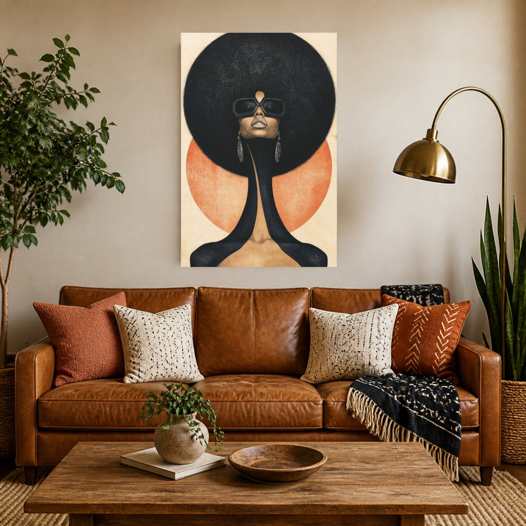 Afro Futura canvas above a cognac leather sofa in a warm living room