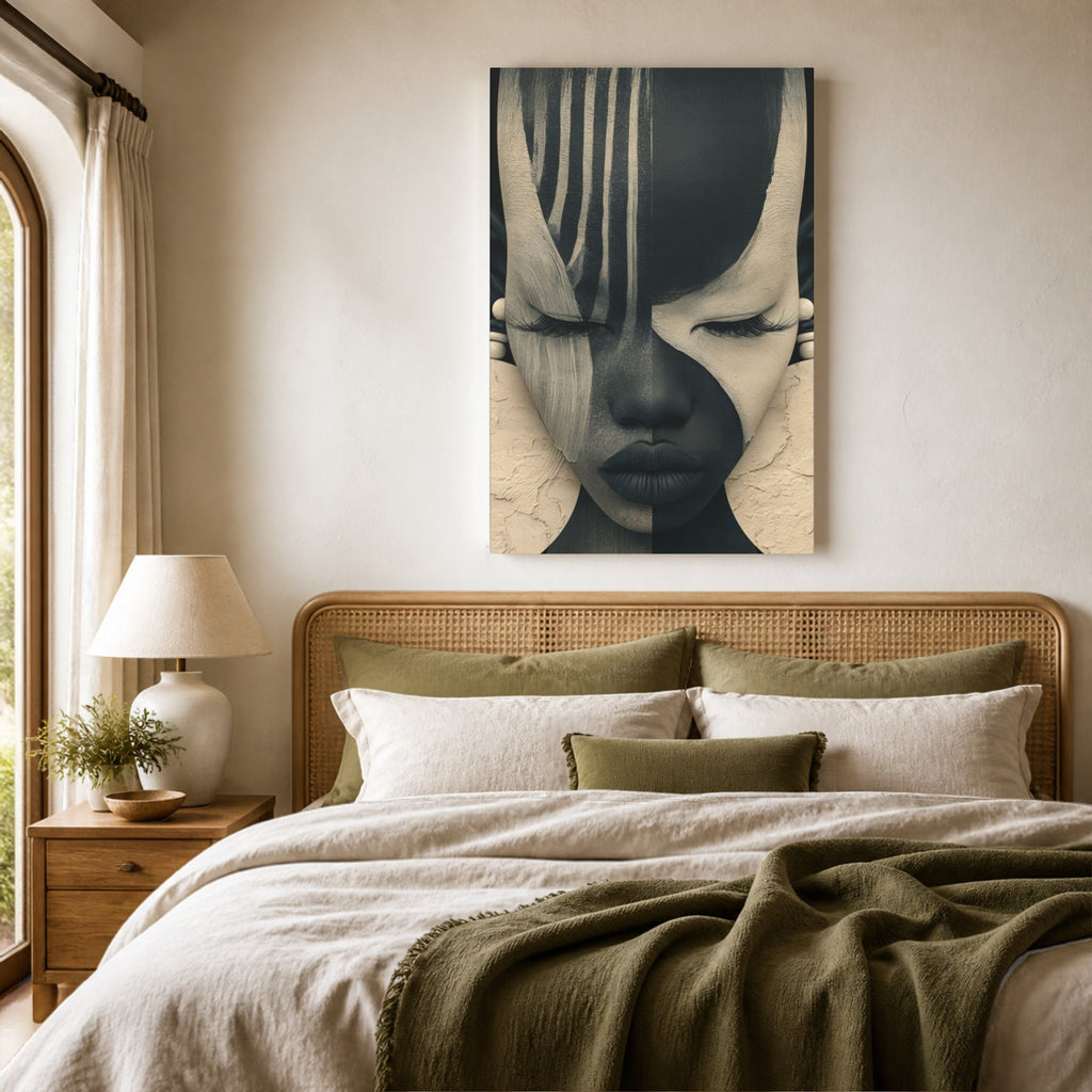 Two-Tone Queen canvas above a rattan headboard in a calm neutral bedroom