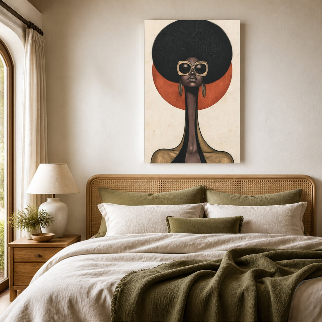 Sun Queen canvas above a rattan headboard in a calm neutral bedroom