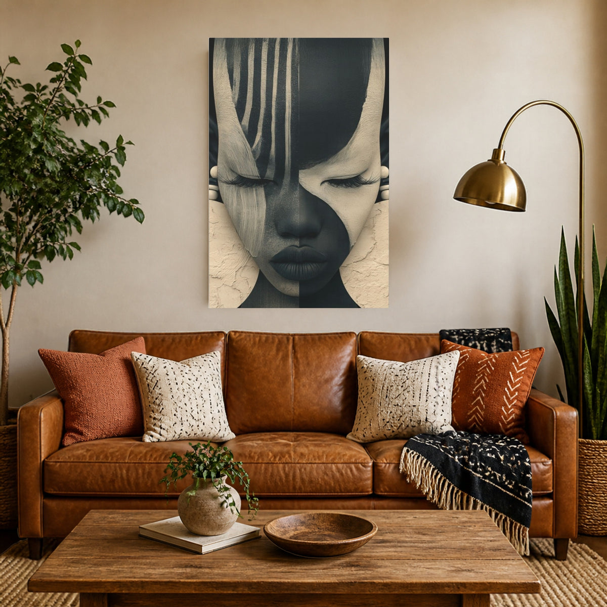 Two-Tone Queen canvas above a cognac leather sofa in a warm living room