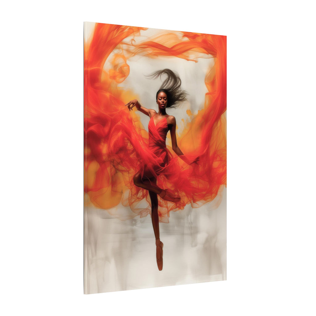 Flame Dancer canvas of a ballerina leaping in a red dress amid orange swirls, angled view