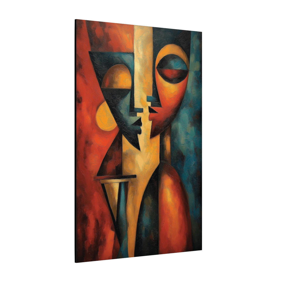 Cubist Conversation canvas of two abstract cubist faces in terracotta, amber and teal