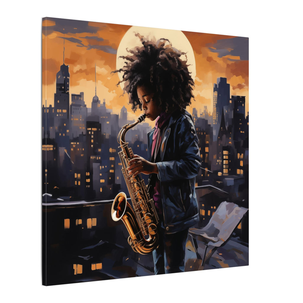 Black Child Saxophonist canvas, side angle showing the gallery-wrapped edge and rooftop scene
