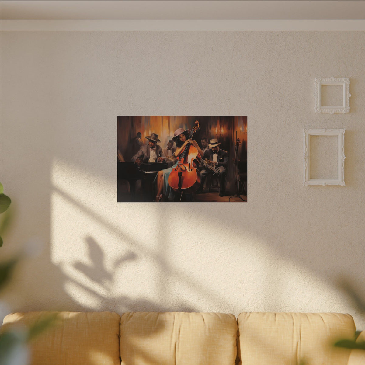 Jazz Band II canvas in a larger size on a sunlit beige wall above a tan sofa