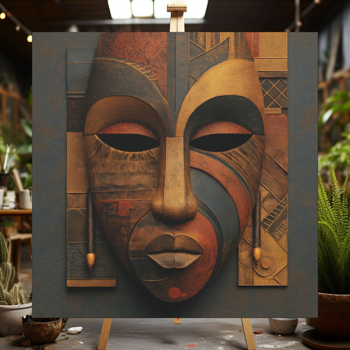 Architect of Ancestry canvas of a geometric ochre and rust mask on an easel in a studio