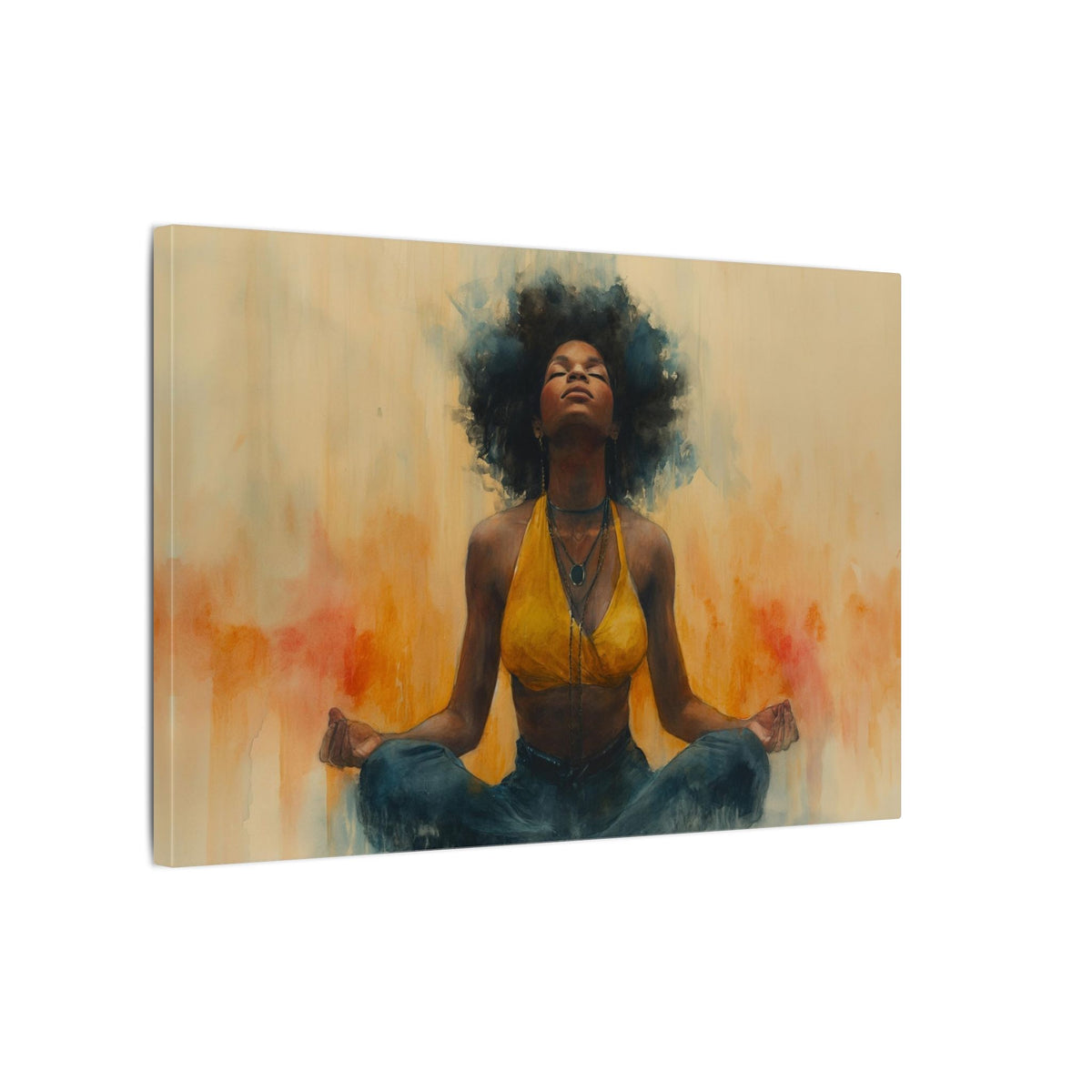 Tranquil Elegance I canvas, angled view of the woman in lotus pose with a full afro
