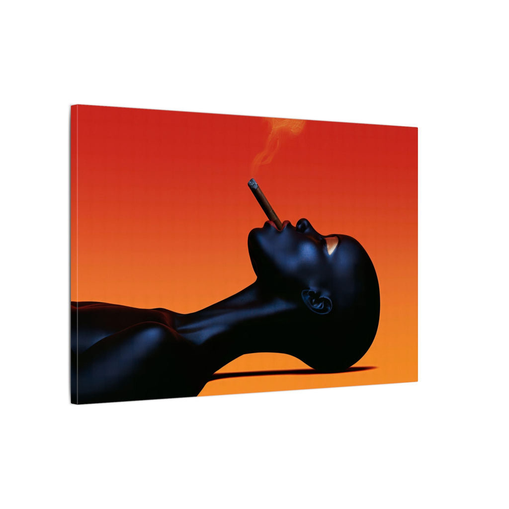 Smooth Operator canvas of a Black woman reclining with a cigar against an orange sunset, angled view