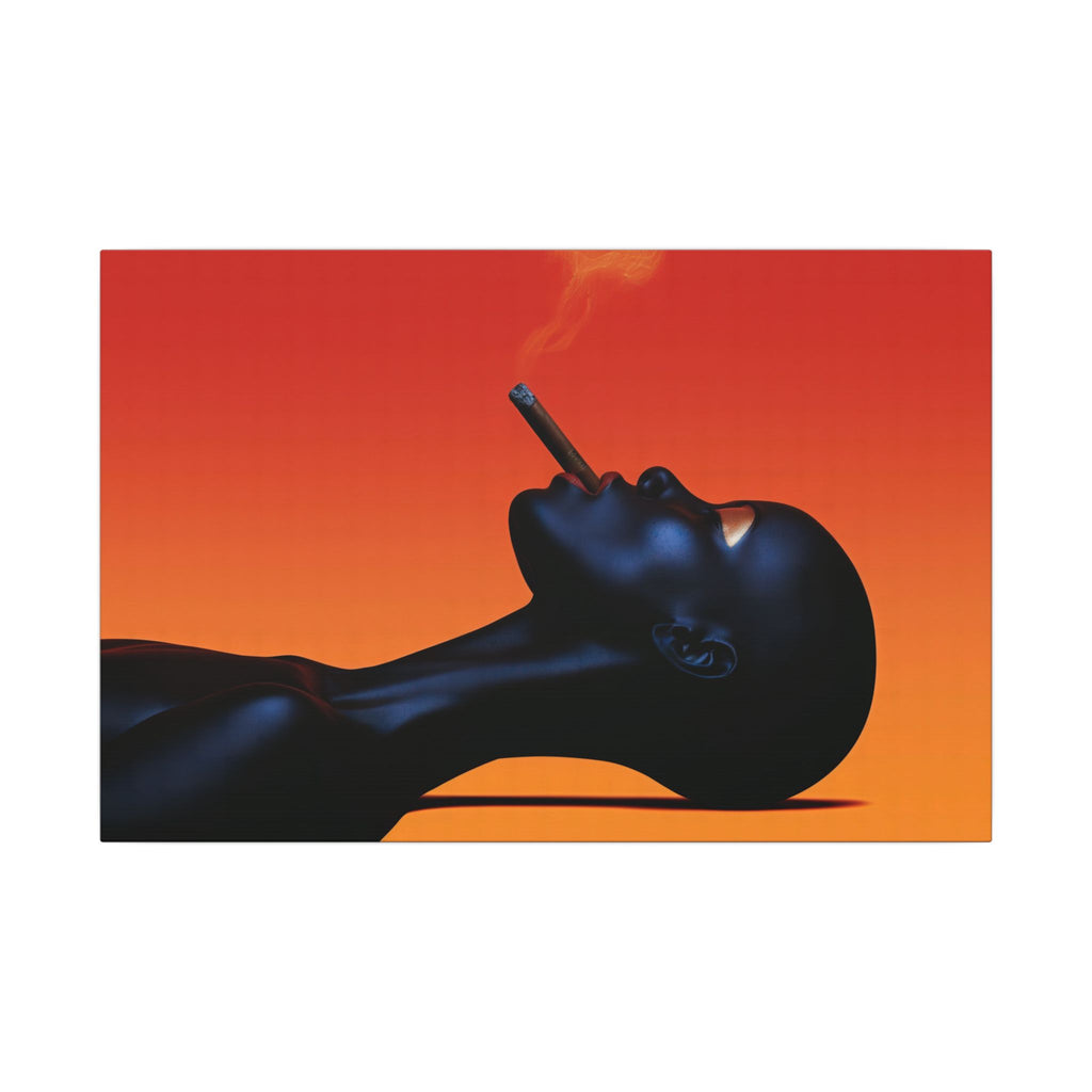Smooth Operator canvas, front view of the dark silhouette and curl of smoke on a red-orange sky