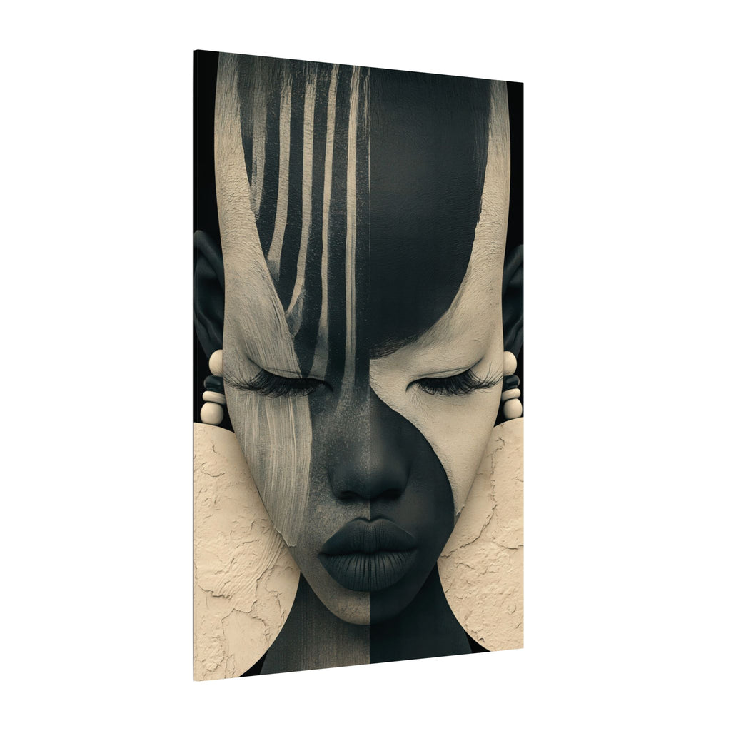 Two-Tone Queen canvas of an African woman's face split in black and cream with large earrings