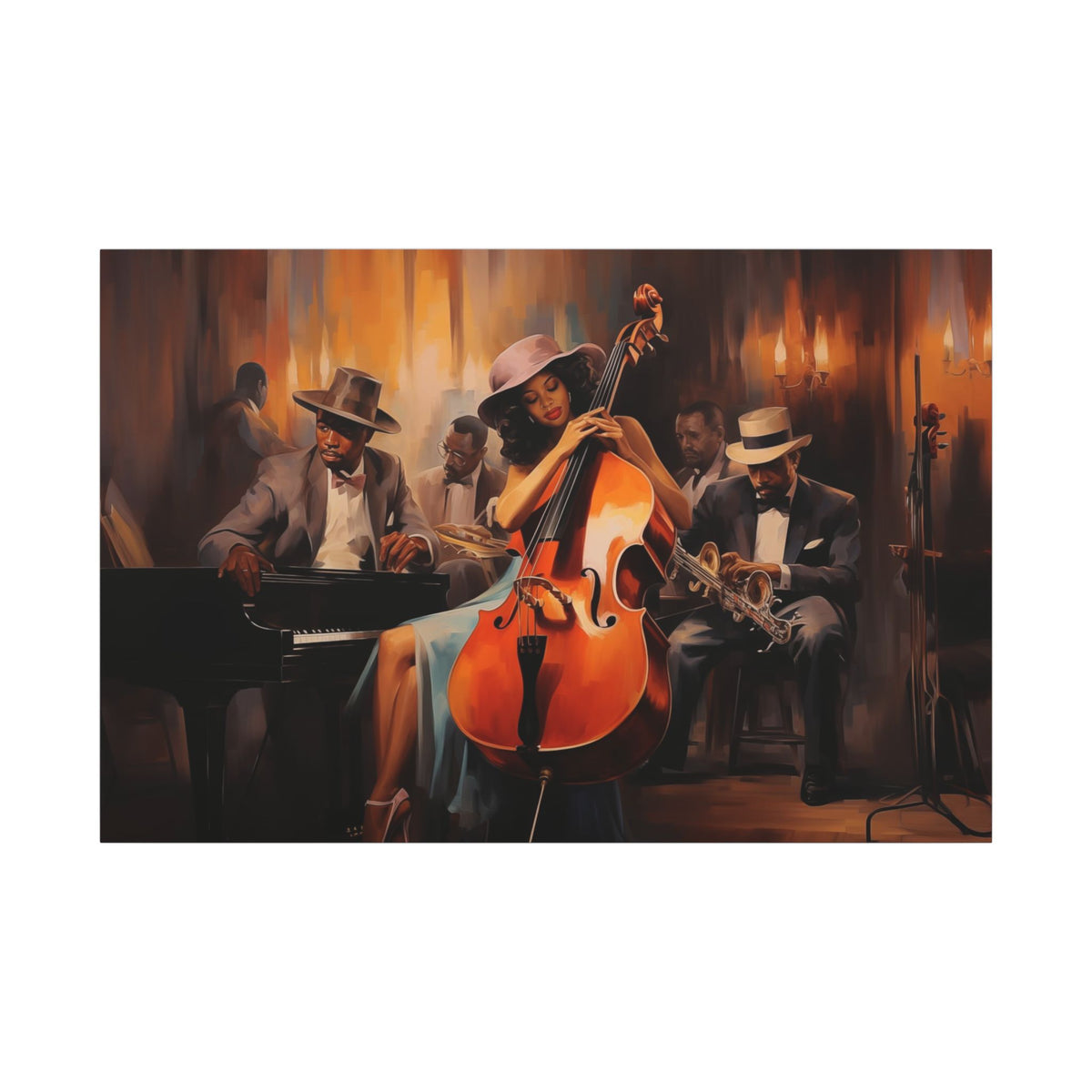 Jazz Band II canvas, front view close-up of the cellist in a pink hat beside the pianist