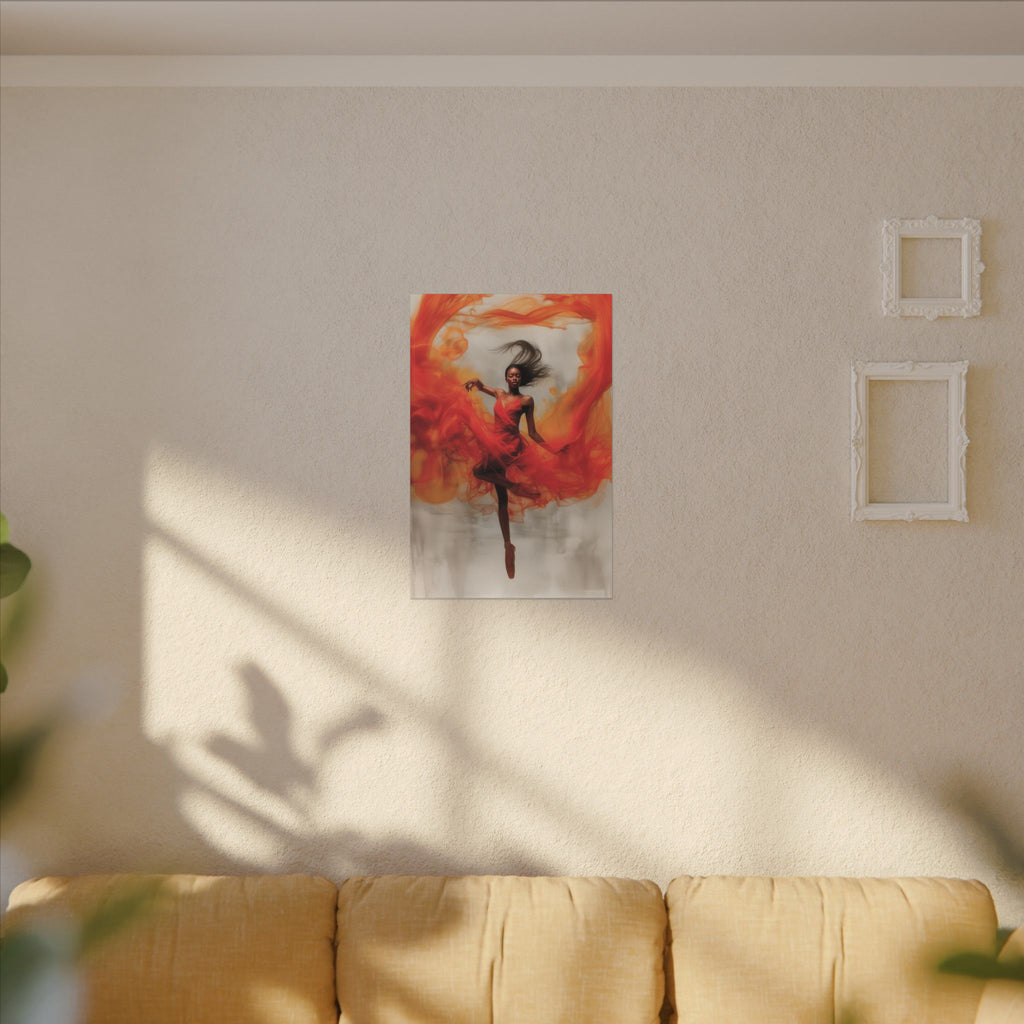 Flame Dancer canvas above a white sideboard with orchids and a yellow lamp