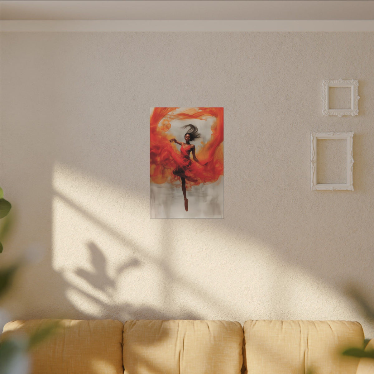 Flame Dancer canvas above a white sideboard with orchids and a yellow lamp
