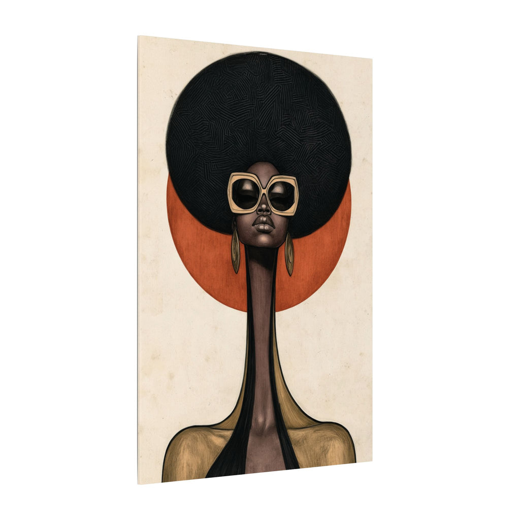 Sun Queen canvas of a Black woman with a natural afro and gold sunglasses before a terracotta sun