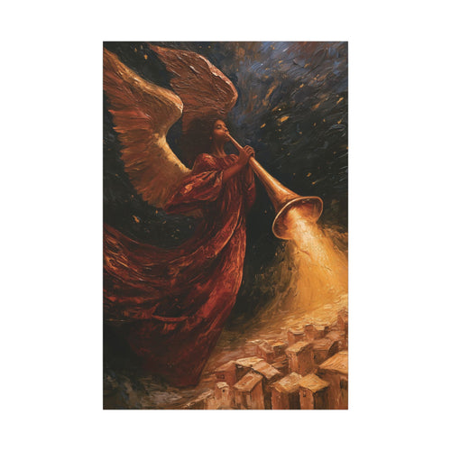 The Herald canvas: Black angel sounding a brass trumpet over a sleeping village at night