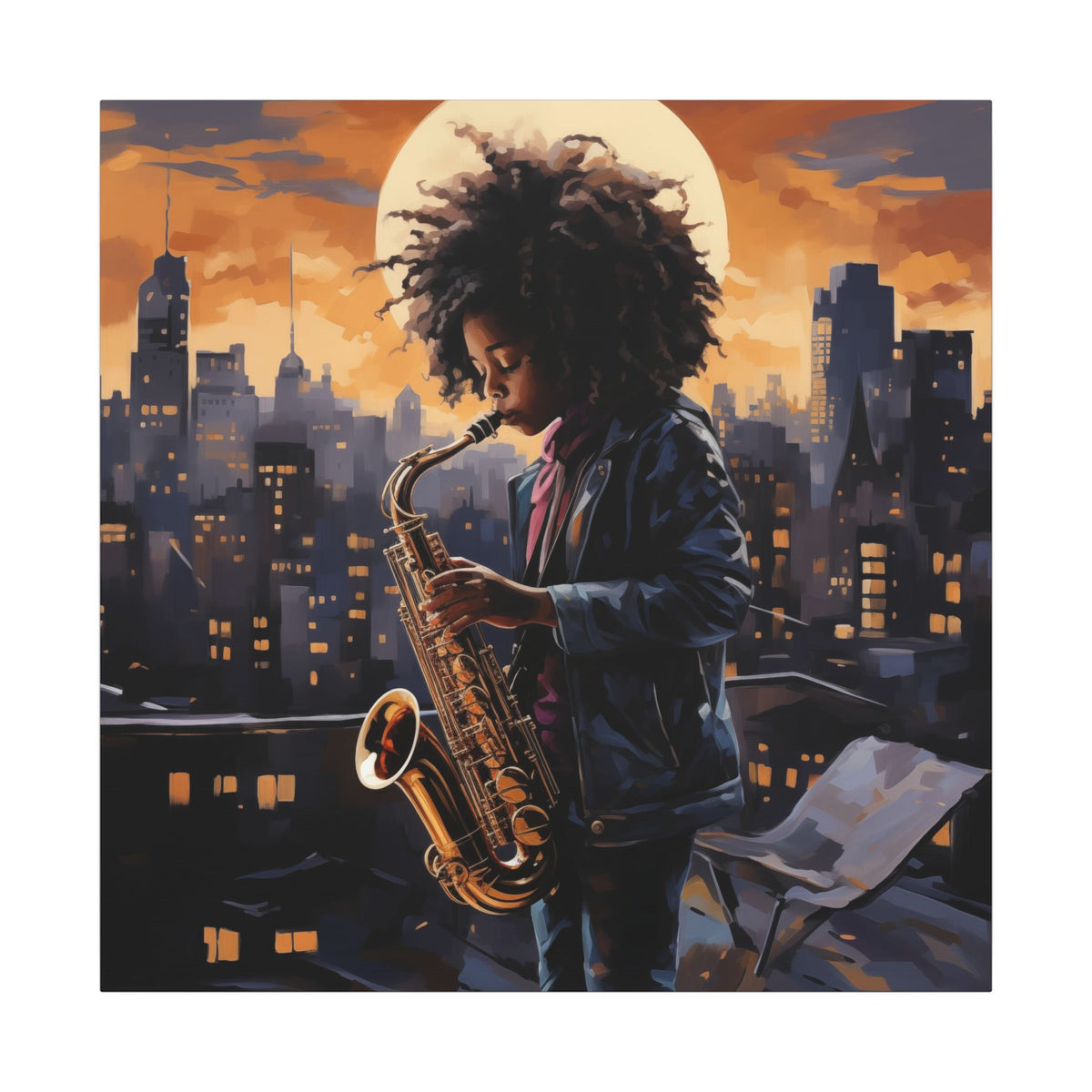 Black Child Saxophonist canvas, full artwork with lit city windows and a glowing moon
