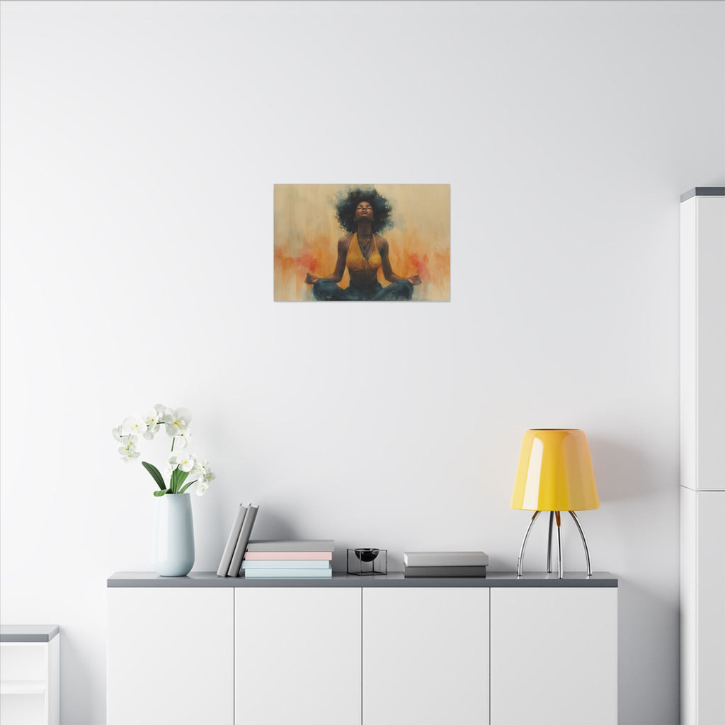 Tranquil Elegance I canvas in a small size above a white sideboard with white flowers