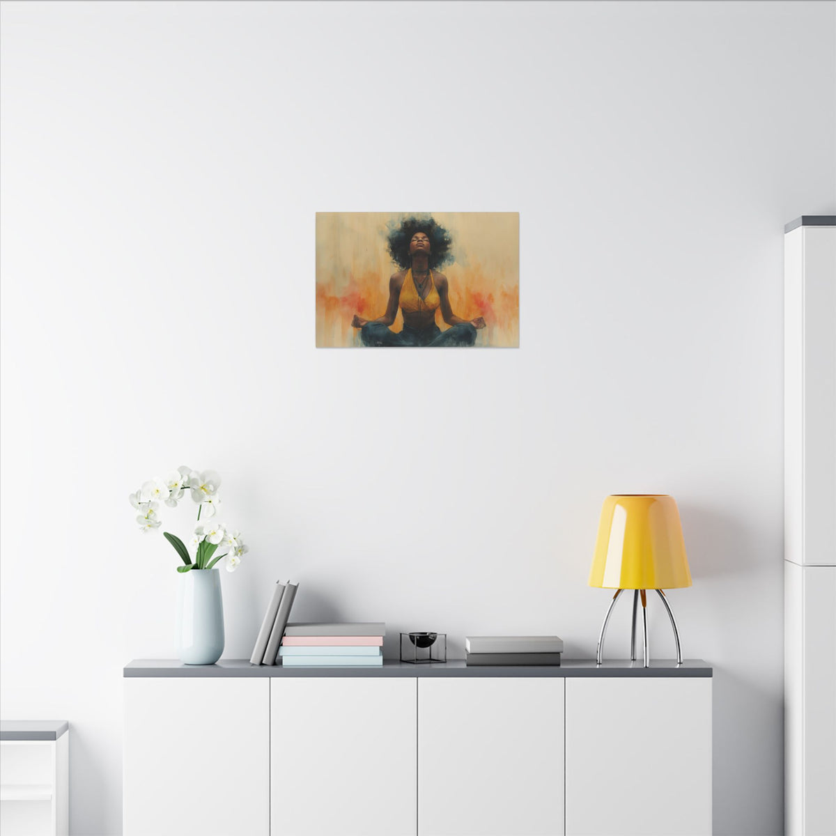 Tranquil Elegance I canvas in a small size above a white sideboard with white flowers