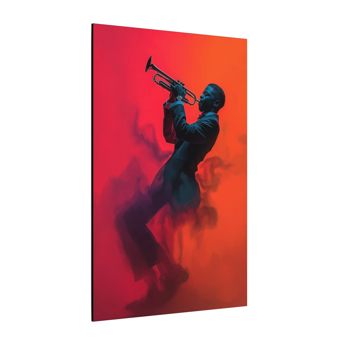 The Trumpeter canvas of a jazz trumpeter in smoky crimson and orange, angled view