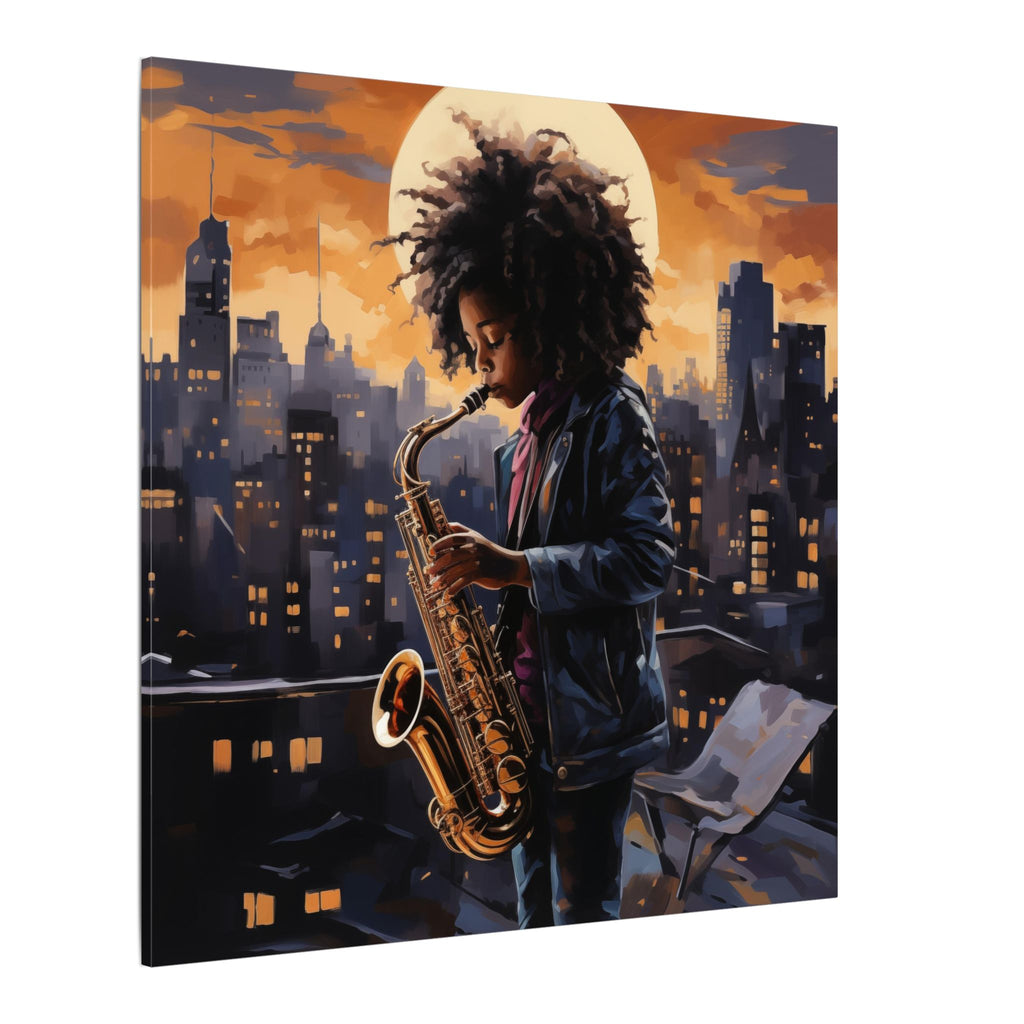Black Child Saxophonist canvas, angled view of the saxophonist, rooftop and dusk skyline