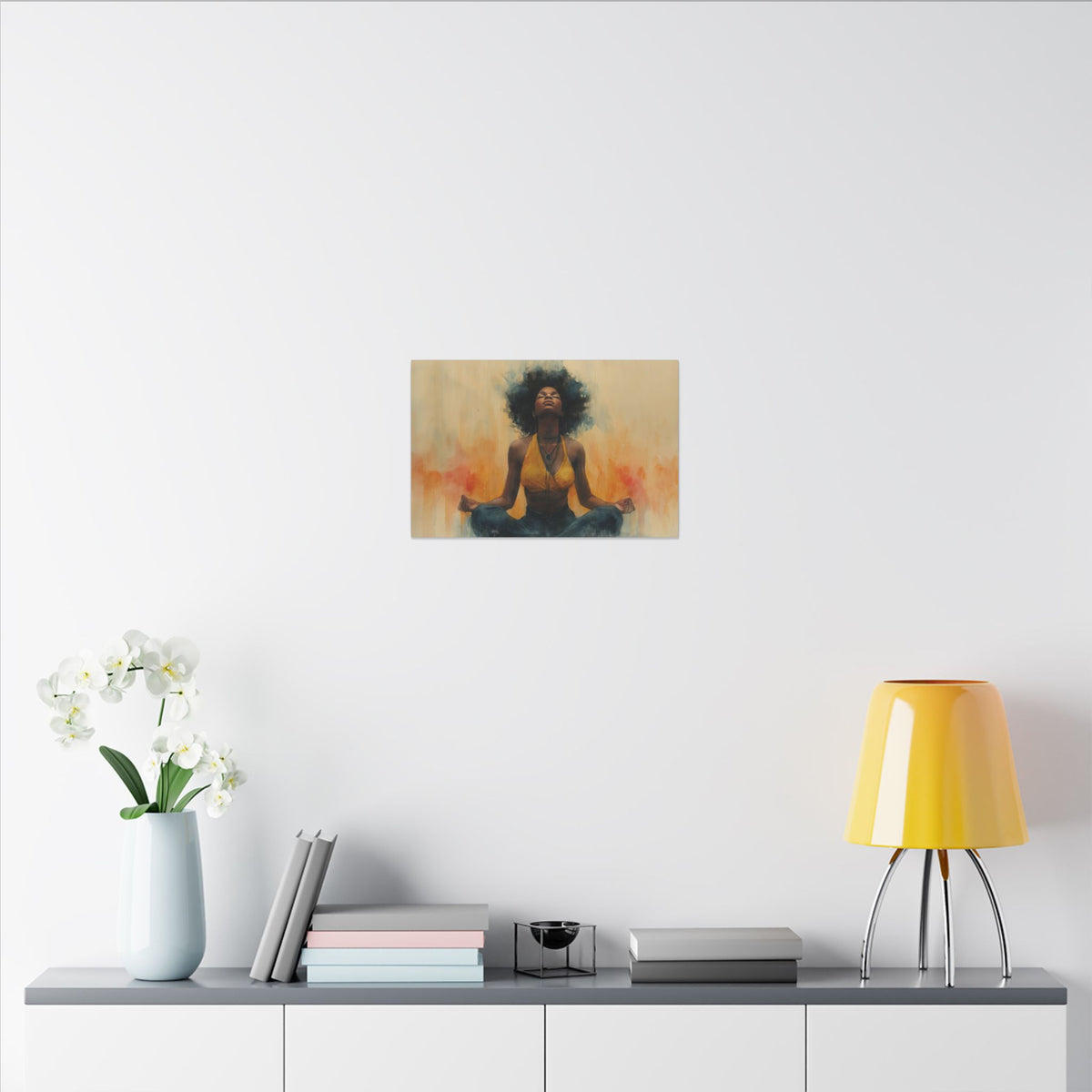 Tranquil Elegance I canvas in a small size above a white sideboard, close view