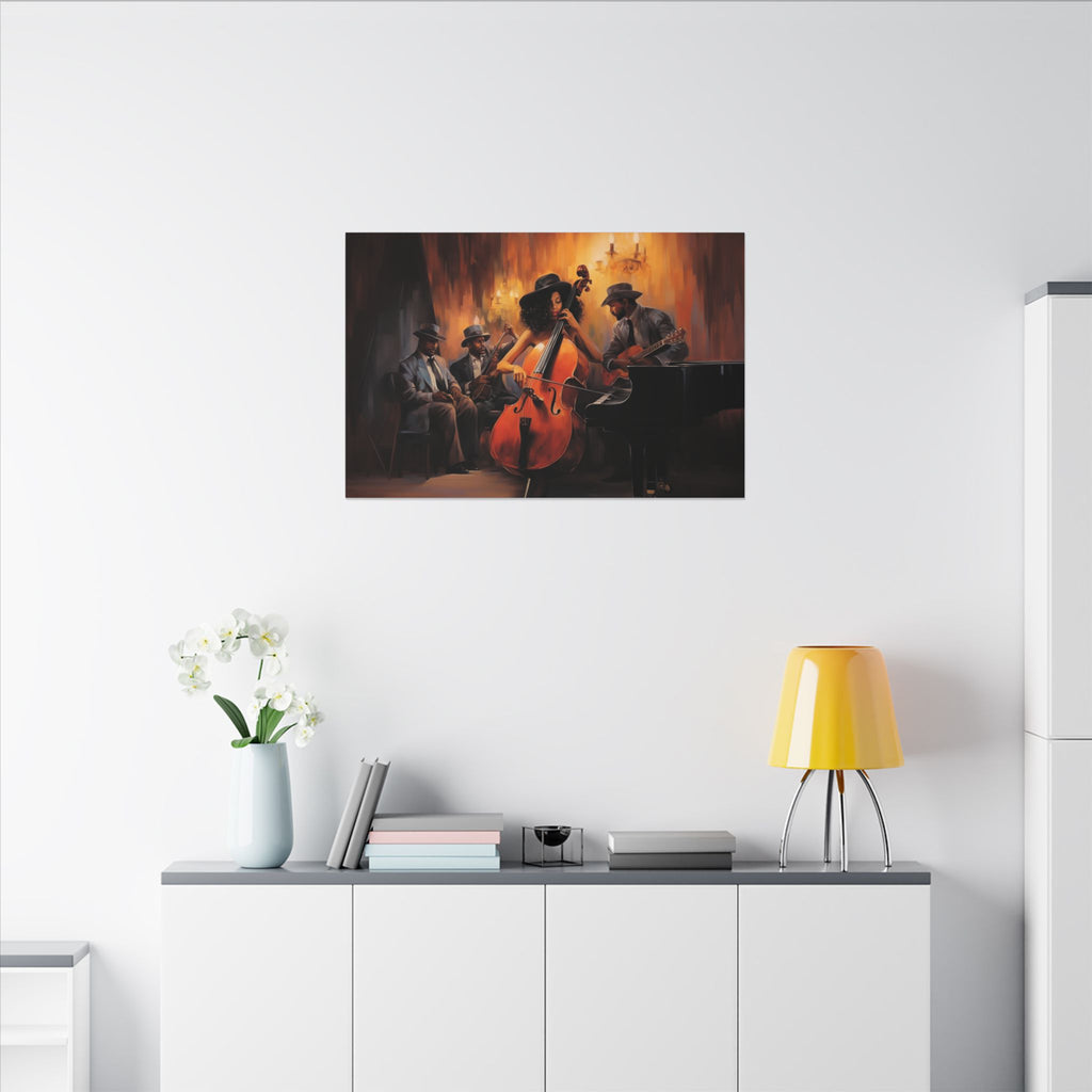Jazz Band III canvas in a medium size above a white sideboard with a yellow lamp