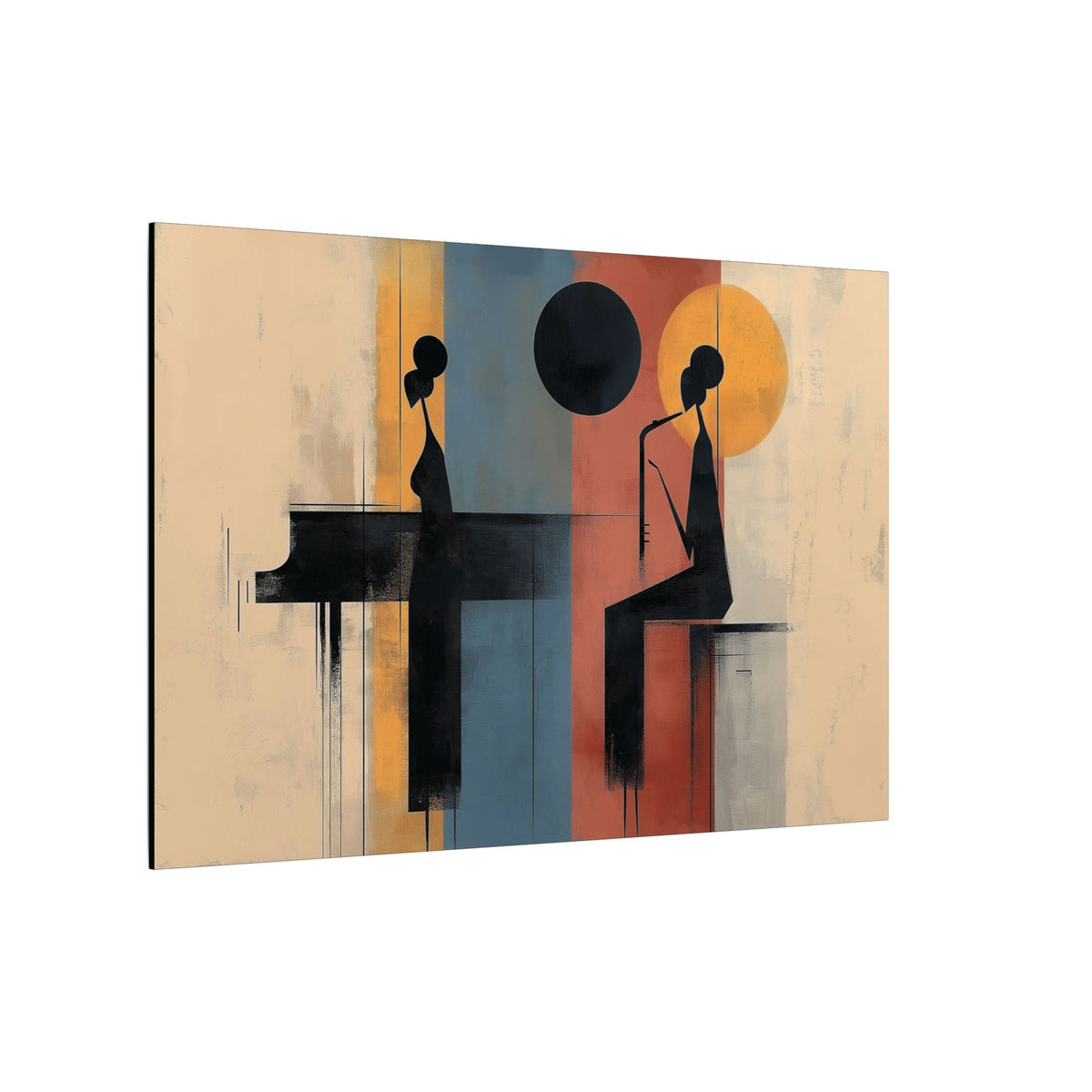 Piano Duo canvas of two silhouetted musicians at a piano in amber, blue and coral, angled view