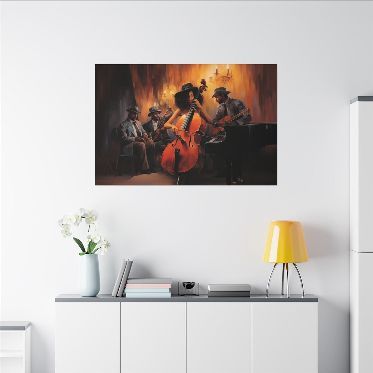 Jazz Band III canvas in a large size above a white sideboard with a yellow lamp
