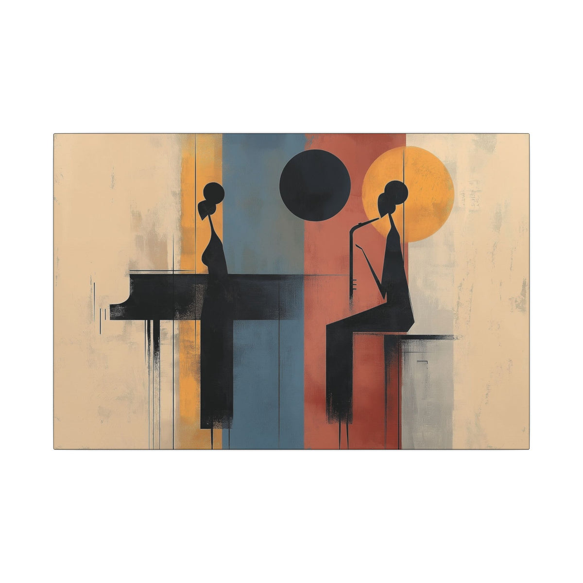Piano Duo canvas, front view of the pianist and seated singer in black silhouette