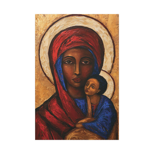 Golden Icon Madonna canvas: Black Madonna and Child on a hammered gold background