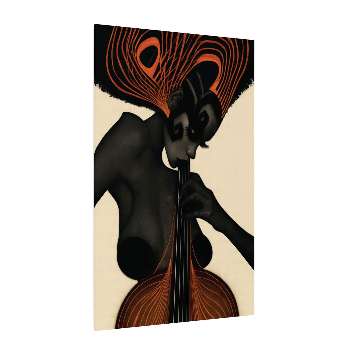 The Cellist canvas of a Black woman playing cello in bold orange and black on cream