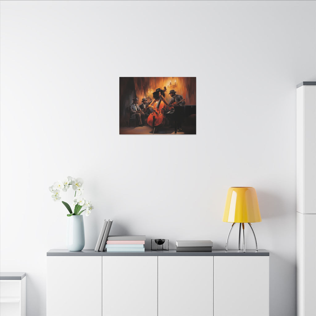 Jazz Band III canvas in a small size above a white sideboard with a yellow lamp and flowers
