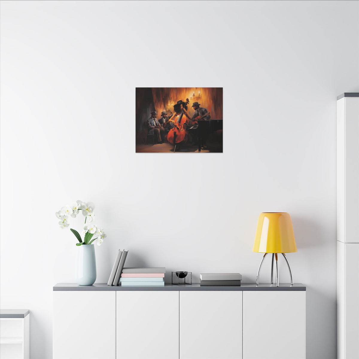 Jazz Band III canvas in a small size above a white sideboard with a yellow lamp and flowers