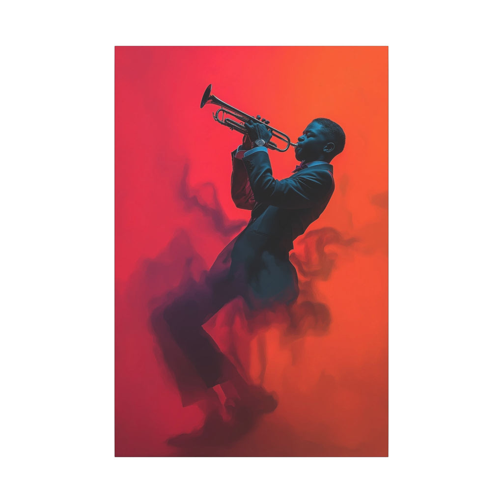 The Trumpeter canvas, front view of a trumpeter playing through red and orange haze