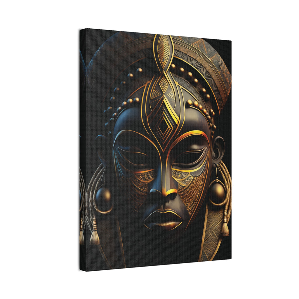 Black & Gold Mask canvas of a tribal mask in black and gold, angled view on a white background