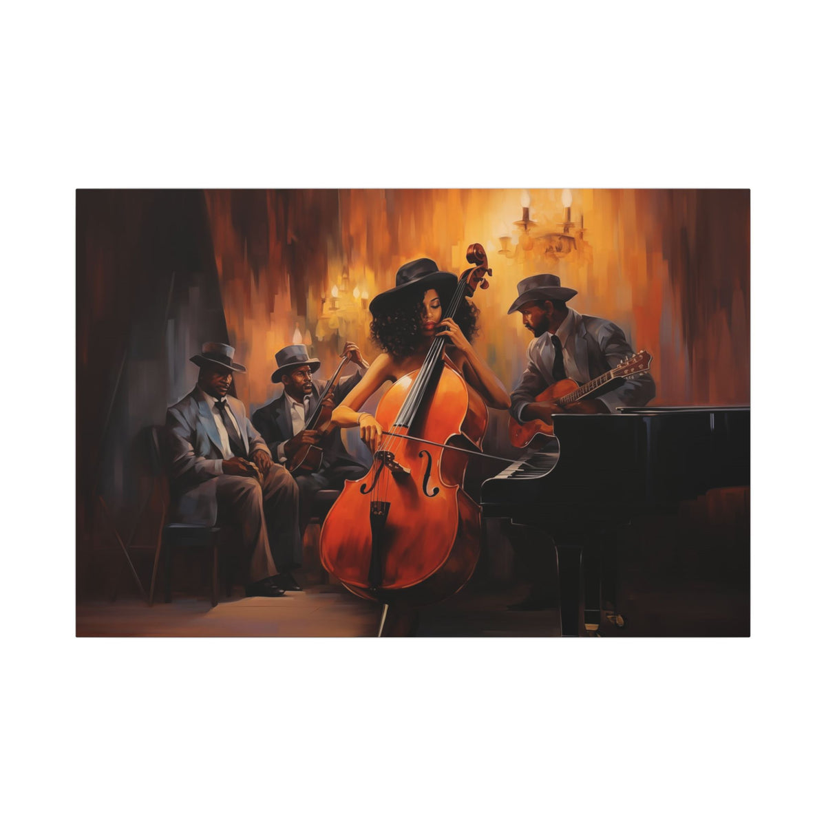 Jazz Band III canvas, front view of a woman on double bass with guitarist and pianist