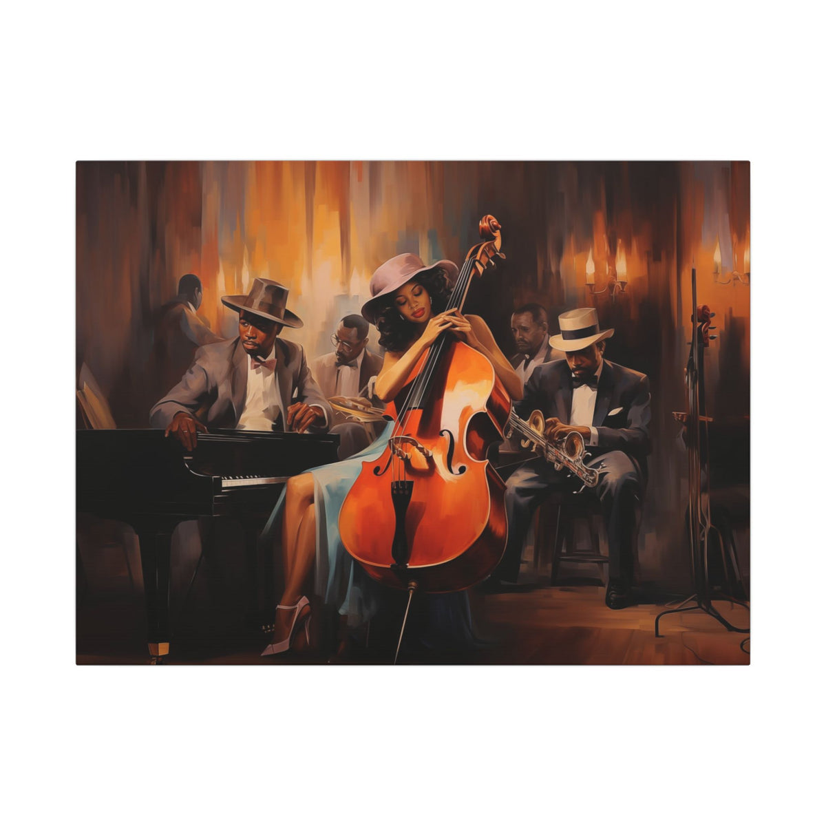 Jazz Band II canvas, full front view of the late-night jazz club scene in amber tones