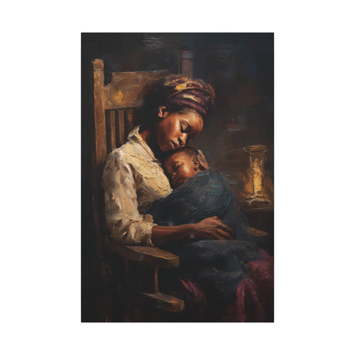 Lullaby canvas: Black mother rocking her sleeping baby in lamplight