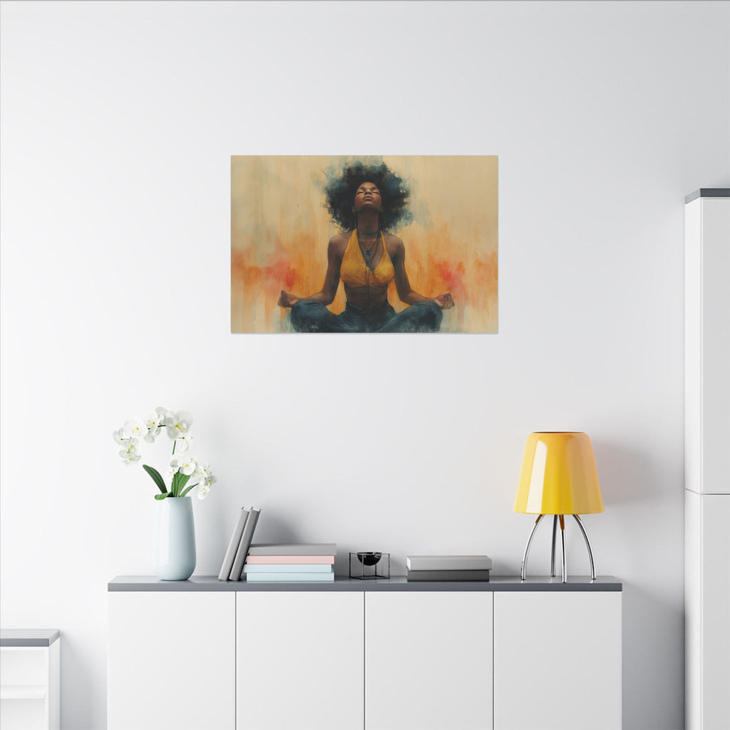 Tranquil Elegance I canvas in a medium size above a white sideboard with a yellow lamp