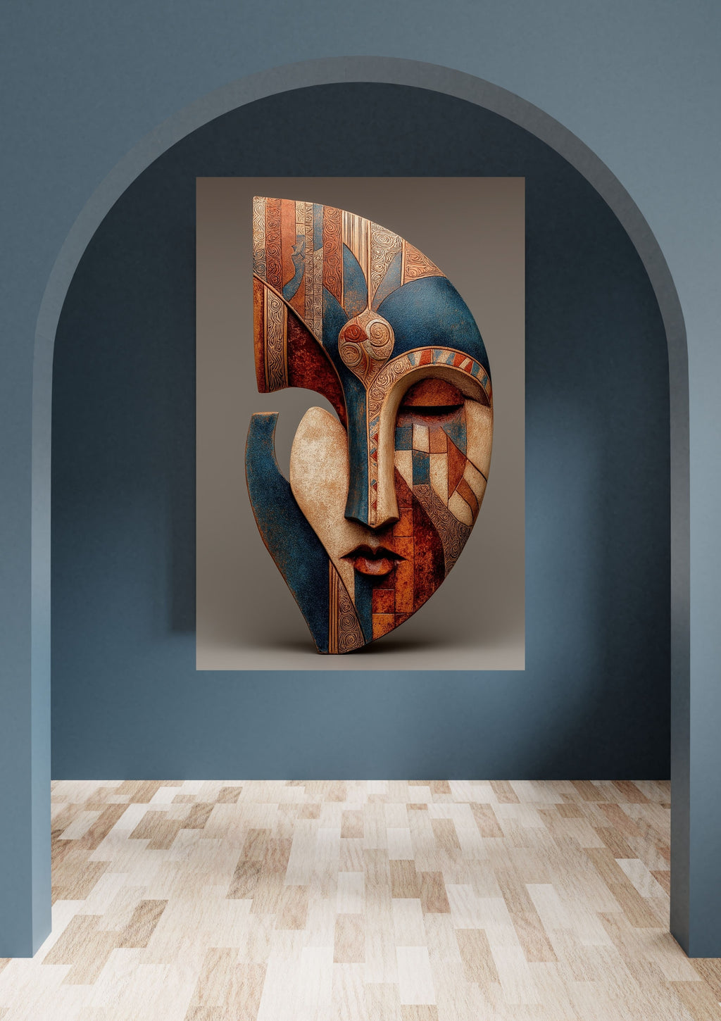 Terracotta Mask canvas hanging in a blue arched hallway with light wood floors